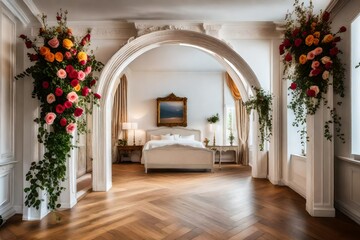 long white and behind an arch decorated with colored roses - AI Generative