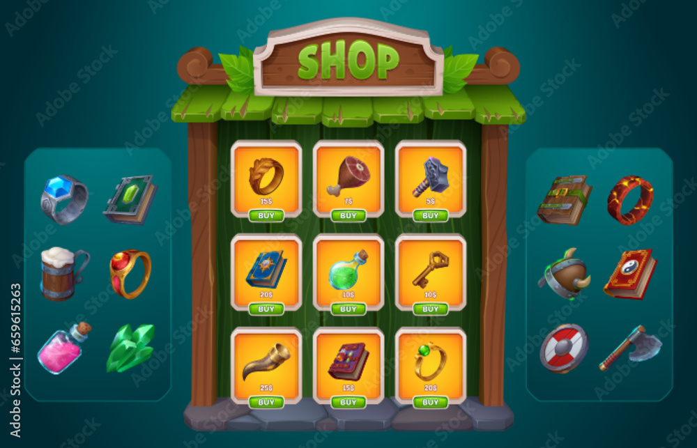 Poster medieval game shop design for user interface. vector cartoon illustration of wooden frame with ancie