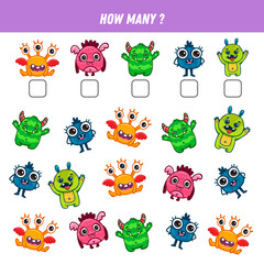 How many cartoon monsters are there. Count the number of monsters. Math worksheet for kids. 