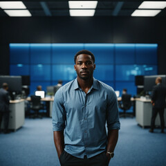man in office in front of panel / screens