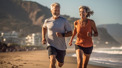 Happy senior couple running along ocean coast in Santa Monica on summer day. Smiling man and woman taking care of health, having cardio training.