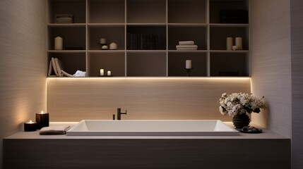 In a contemporary bathroom, a built-in bathtub and sleek fixtures create a space that's both modern and inviting.