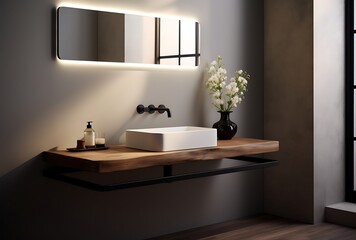 Interior of modern bathroom with dark gray walls, wooden floor, comfortable white bathtub and round sink. 3d rendering