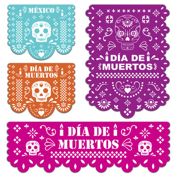 Papel picado del d&iacute;a de muertos en diferentes tama&ntilde;os, con cr&aacute;neos y ornamentos mexicanos 
