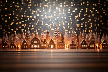 Obraz premium Decorative houses made of wood and clay against the backdrop of bright lights and a Christmas tree.