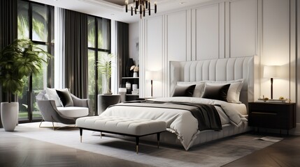 In the bedroom, a touch of drama awaits with a stunning upholstered headboard stealing the...