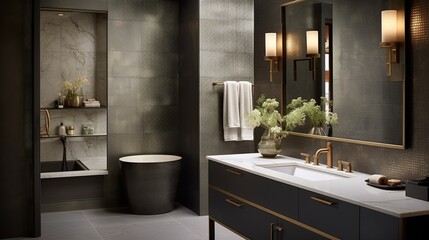 Indulge in a designer bathroom with a mix of metallic accents and textured wallpaper, creating a space that's as stylish as it is functional.