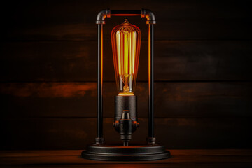 Industrial metal table lamp with Edison bulb isolated on a gradient background  - obrazy, fototapety, plakaty