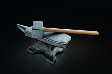 Retro profession concept, blacksmith, hard work, strength. Metal heavy anvil and hammer isolated on a dark background. 3D illustration, 3D render, photorealism.