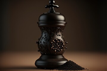 a black pepper mill with a brown background and a pile of black pepper on the ground next to it, with a brown background behind it is a dark colored area with a ligh. Generative ai - obrazy, fototapety, plakaty