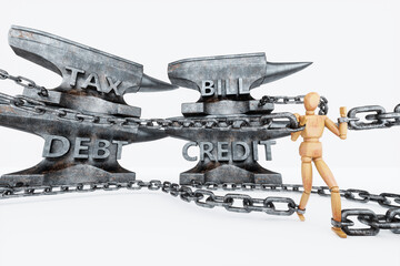 The puppet pulls a heavy anvil with the text credit. Concept of financial obligations, tax burden, burden of responsibility, tax return, responsibilities, state tax. 3D illustration, 3D render.