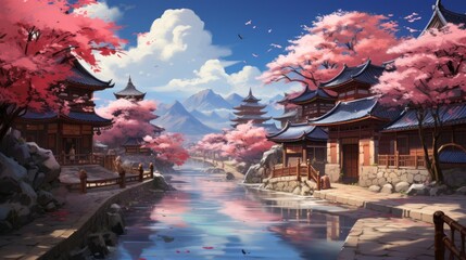 Fototapeta premium Idyllic Old Japan Street in Spring, Cherry Blossoms