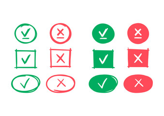 hand drawn approval and cancellation symbols. round, square, ellipse check and cancel symbols