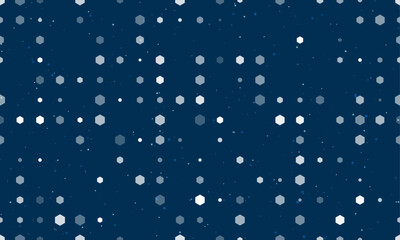 Seamless background pattern of evenly spaced white hexagon symbols of different sizes and opacity. Vector illustration on dark blue background with stars