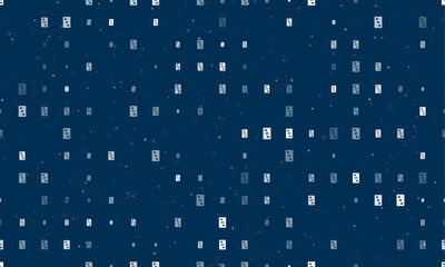 Seamless background pattern of evenly spaced white Three of hearts playing cards of different sizes and opacity. Vector illustration on dark blue background with stars