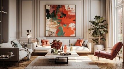 Obraz premium Lounge in a living room with an abstract gallery wall.