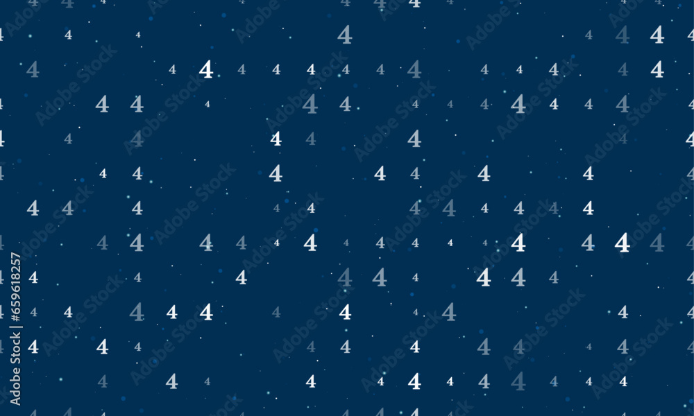 Poster seamless background pattern of evenly spaced white number four symbols of different sizes and opacit