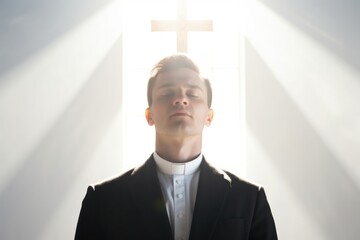 Fototapeta premium Handsome preacher face portrait. Young catholic priest prays in front, blessed light from cross at the back. Religion horizontal banner. Holy spirit rays of light, generated by AI