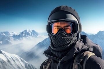 Fototapeta na wymiar Snowboarder on the mountain. Snowboarder face portrait, blurred snowy peaks background. Active sport banner, generated by AI