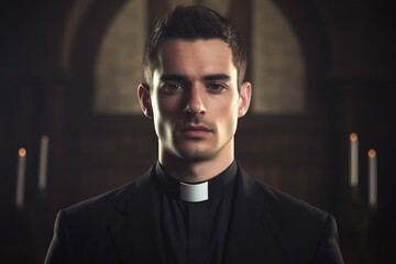 Handsome preacher face portrait. Young catholic priest look at camera. Religion horizontal banner, generated by AI - obrazy, fototapety, plakaty