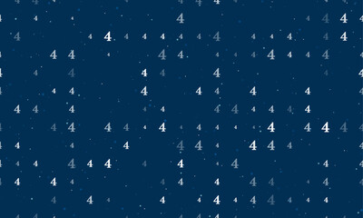 Seamless background pattern of evenly spaced white number four symbols of different sizes and opacity. Vector illustration on dark blue background with stars