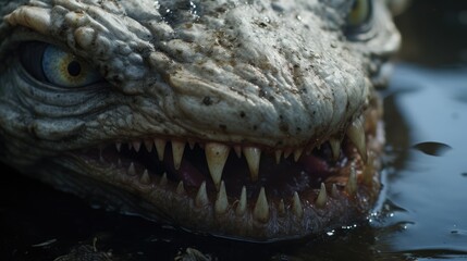 Obraz premium A horrible monster with a terrible grin. Fictional creature for horror themes. Close up shot. Scary horror atmosphere.