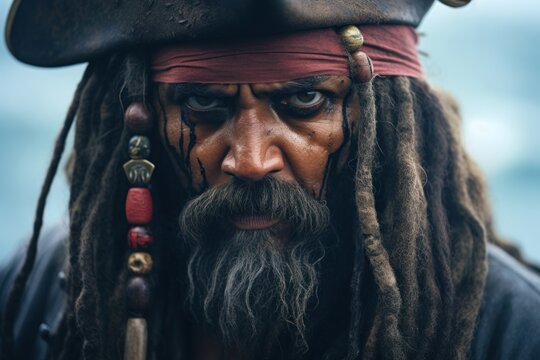 Pirate face portrait, close-up. Old style pirate character, generated by AI