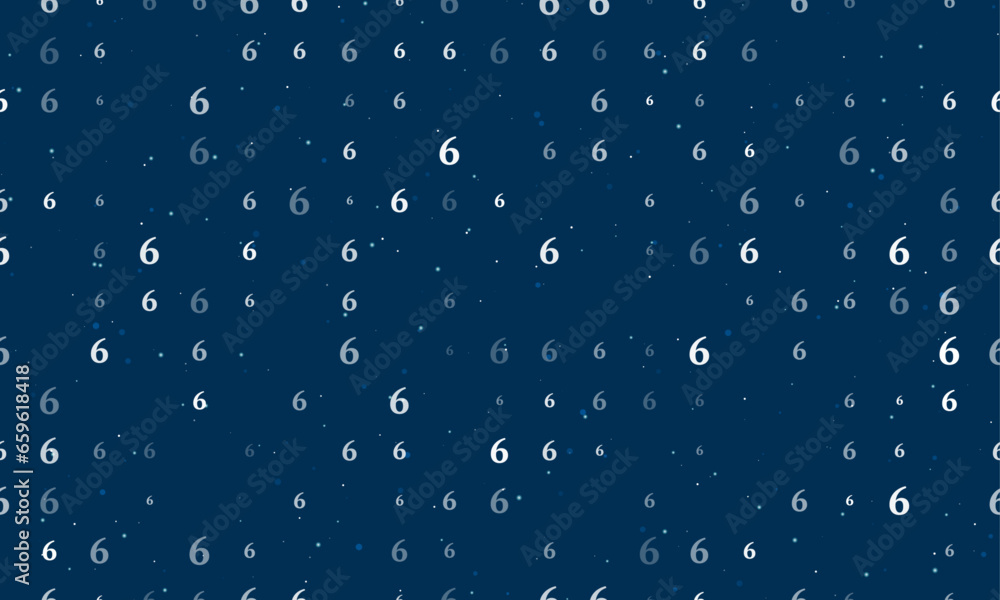Poster seamless background pattern of evenly spaced white number six symbols of different sizes and opacity