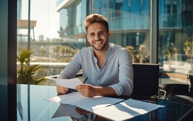 Fototapeta premium Young architect with a smiling face sitting and working with documents in a clear glass office