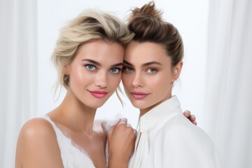 Bridesmaid at the wedding, face portrait, close-up. Beautiful white lesbian couple. Caucasian sisters friendship. Smiling gorgeous models generated by AI
