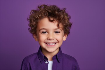 Face portrait of a smiling 6 years old boy. Handsome kid smile and look at camera, studio purple background. Child model, generated by AI