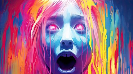 Frightened face. A ghastly grimace of horror. The man screams with fear and pain. The concept of horror. Colorful illustration.