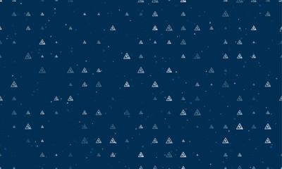 Seamless background pattern of evenly spaced white road work signs of different sizes and opacity. Vector illustration on dark blue background with stars