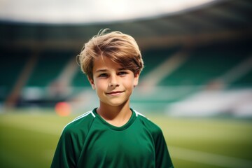 Young boy soccer gamer, smiling face portrait, blurred green stadium field. Sport banner, generated by AI