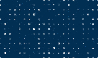Seamless background pattern of evenly spaced white road parking signs of different sizes and opacity. Vector illustration on dark blue background with stars