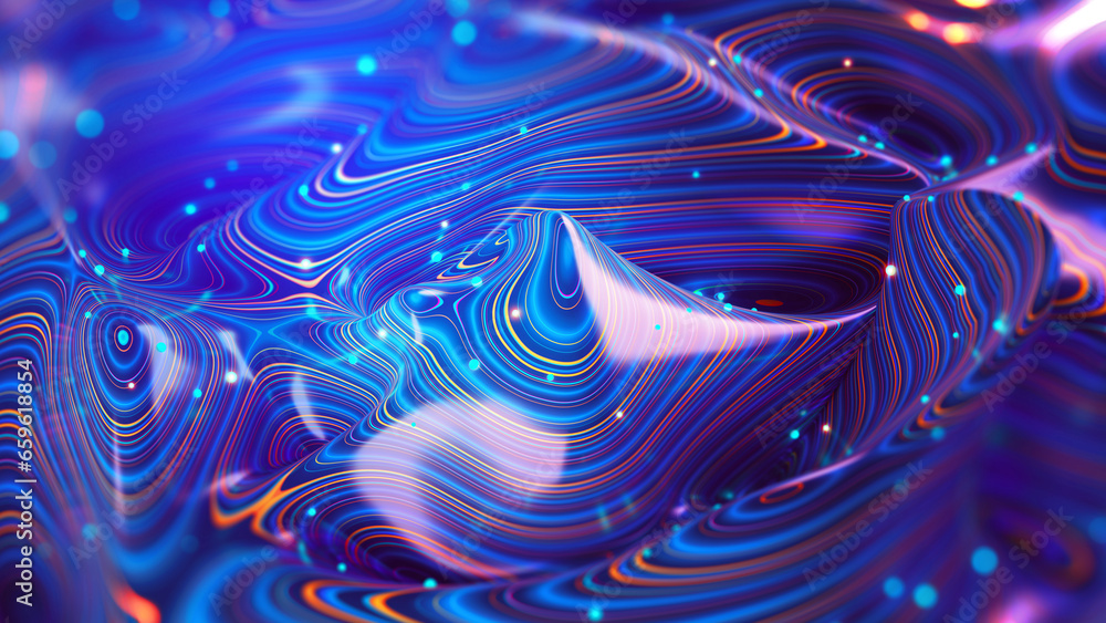 Poster 3D illustration for business presentation. Abstract floating form, waves and flowing rays. Chaos and Big Data Flow