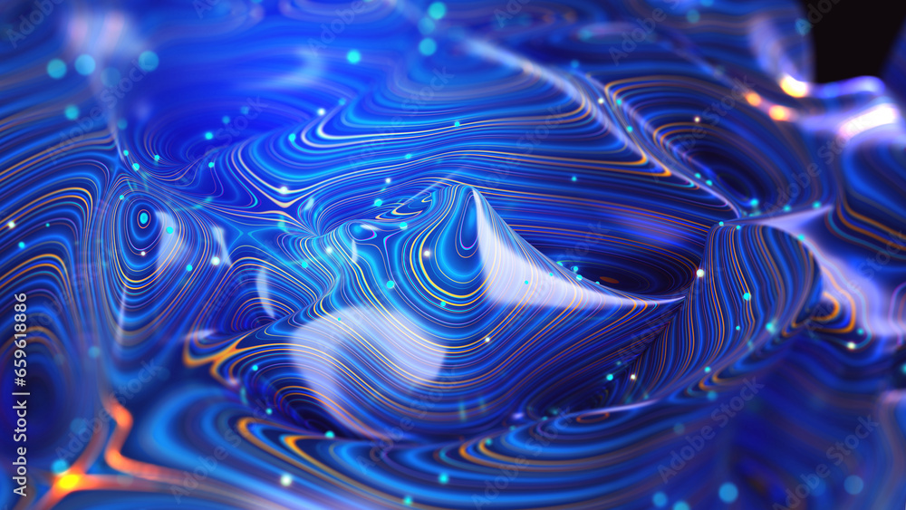 Poster 3D illustration for business presentation. Abstract floating form, waves and flowing rays. Chaos and Big Data Flow
