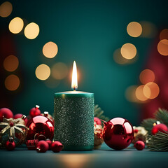 A background with green and red Christmas bubbles and candles in a festive atmosphere
