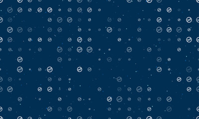 Seamless background pattern of evenly spaced white horning prohibited signs of different sizes and opacity. Vector illustration on dark blue background with stars
