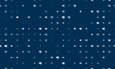 Seamless background pattern of evenly spaced white police cap symbols of different sizes and opacity. Vector illustration on dark blue background with stars