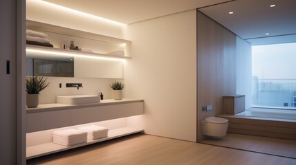 Fototapeta na wymiar Minimalistic bathroom with floating vanity. Walk-in closet with organized shelves and lighting.