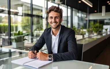 Fototapeta premium Young architect with a smiling face sitting and working with documents in a clear glass office