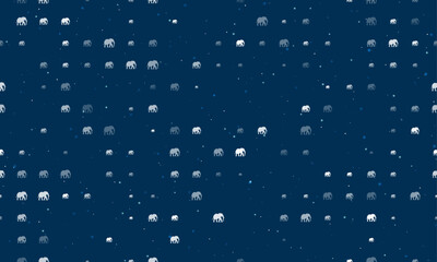 Seamless background pattern of evenly spaced white elephants of different sizes and opacity. Vector illustration on dark blue background with stars