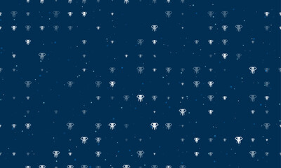 Seamless background pattern of evenly spaced white elephant heads of different sizes and opacity. Vector illustration on dark blue background with stars