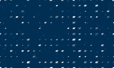 Seamless background pattern of evenly spaced white bear icons of different sizes and opacity. Vector illustration on dark blue background with stars