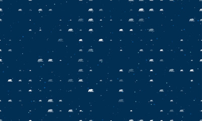 Seamless background pattern of evenly spaced white wild bear symbols of different sizes and opacity. Vector illustration on dark blue background with stars