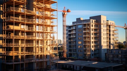 Fototapeta na wymiar Construction site, cranes and multi-storey unfinished buildings at sunrise or sunset in winter.
