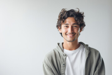 Joyful individual with a beaming smile, facing the camera against a pristine, uncluttered backdrop