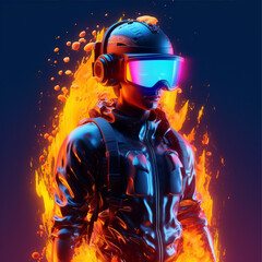 Person wearing virtual reality goggles. Future metaverse technology concept. 