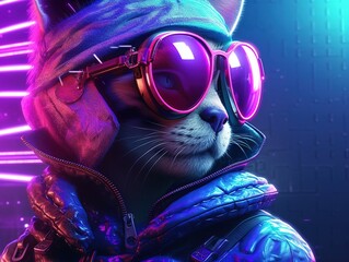 Close-up portrait of a cat in sunglasses and jacket. Futuristic illustration of a fashionable animal in neon colors. Digital art for cover, card, postcard, interior design, decor or print. - obrazy, fototapety, plakaty
